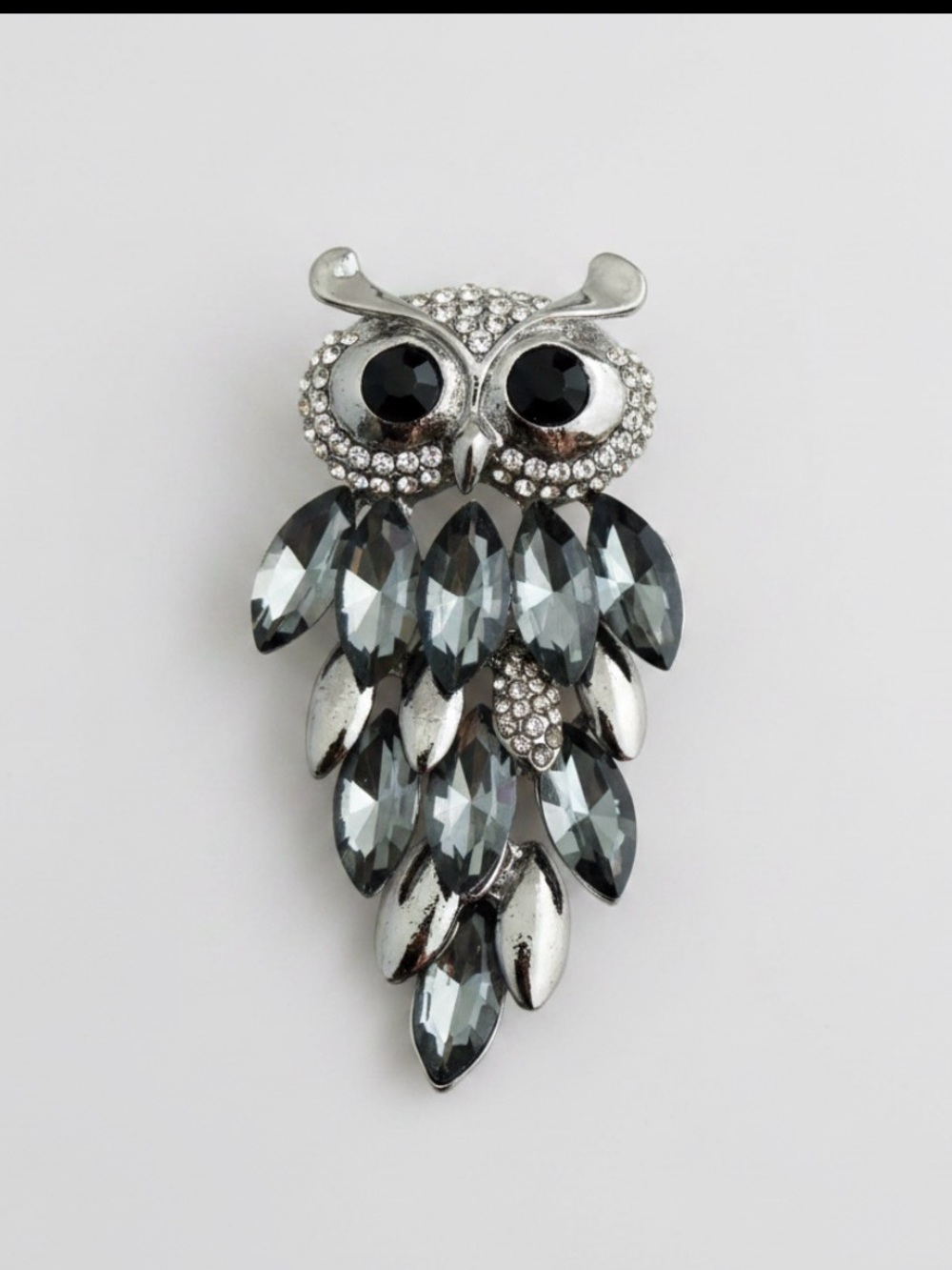 Rhinestone Owl Statement Brooch in Gunmetal and Black